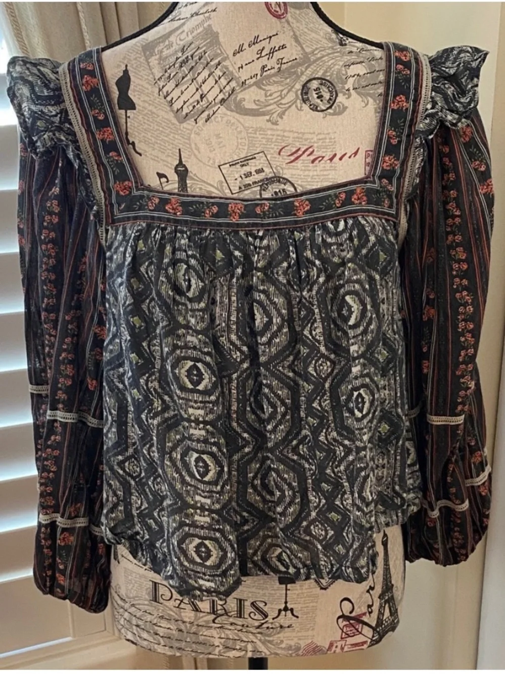 Free People XS Boho Peasant Top Mixed Print Square Neck Navy